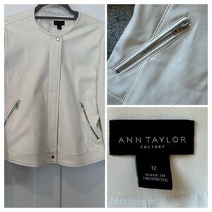 Ann Taylor Factory Cream Faux Leather Zip Pocket Jacket